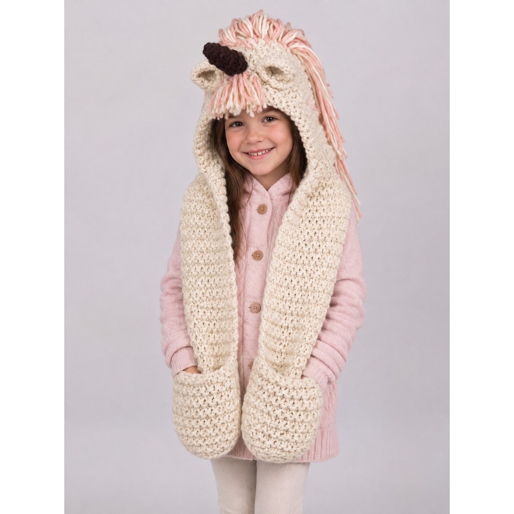 Handmade girls unicorn knit winter hat hand warmer scarf winter cozy cold